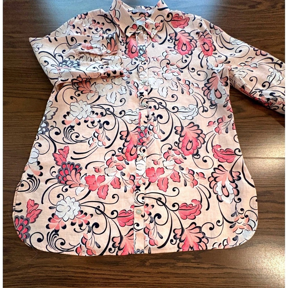 Chicos Women SZ 2 L=12/14 Peach Pink Floral No-Iron 3/4 Sleeve Button Down Shirt - Picture 3 of 10